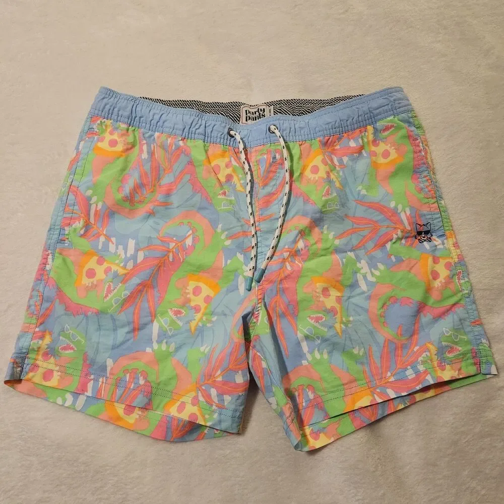 Party Pants Dino Munchies Swim Trunks Blue Pink Men's Size XL EUC